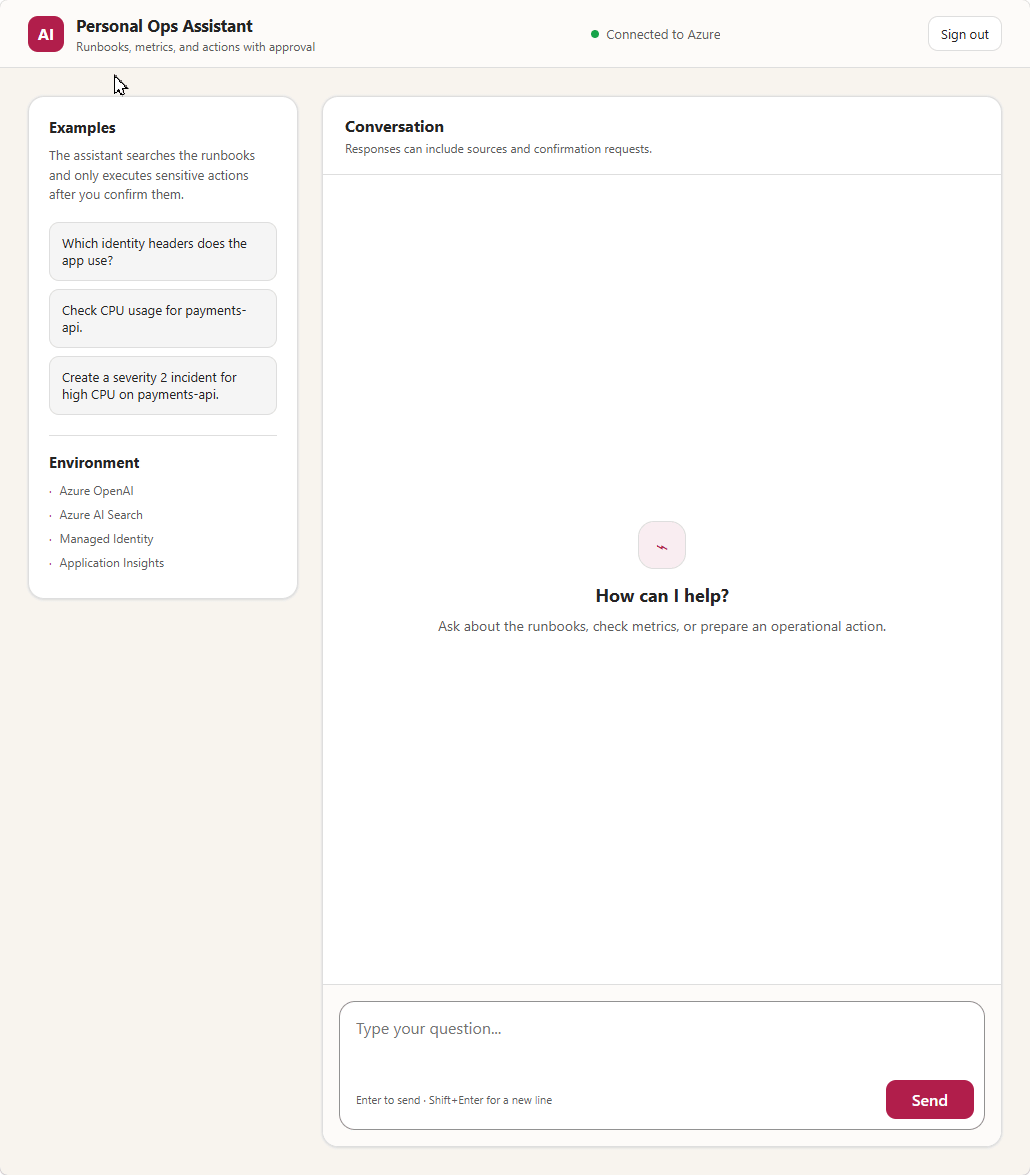 Validated personal assistant interface returning a RAG answer with runbook citations